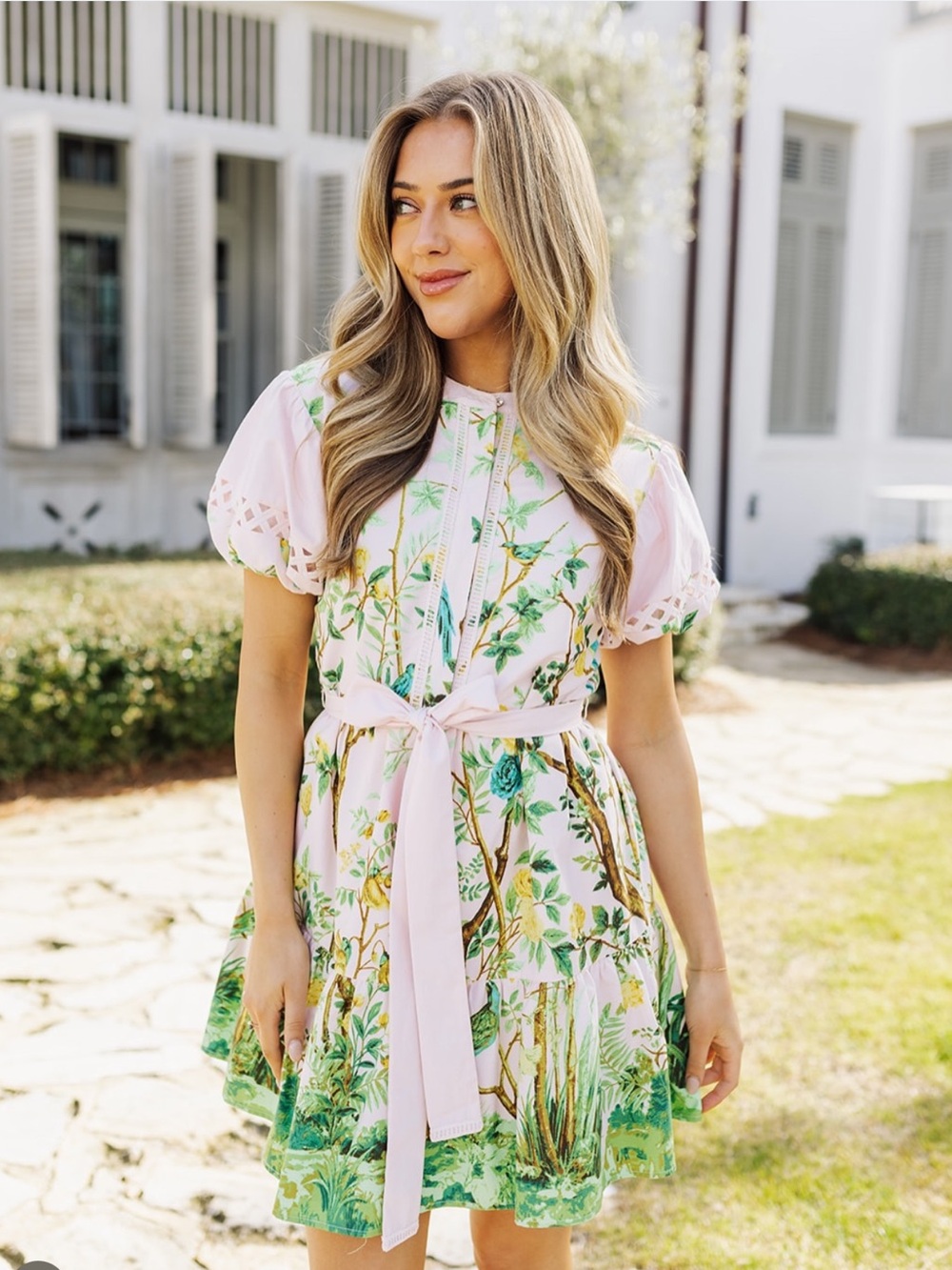 J.Marie The Luna Tie Dress Pink Floral Bird Print Puff Sleeve Belted Pockets XS
